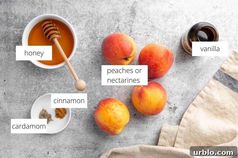 All of the ingredients for the grilled peaches recipe arranged on a work surface and labeled.