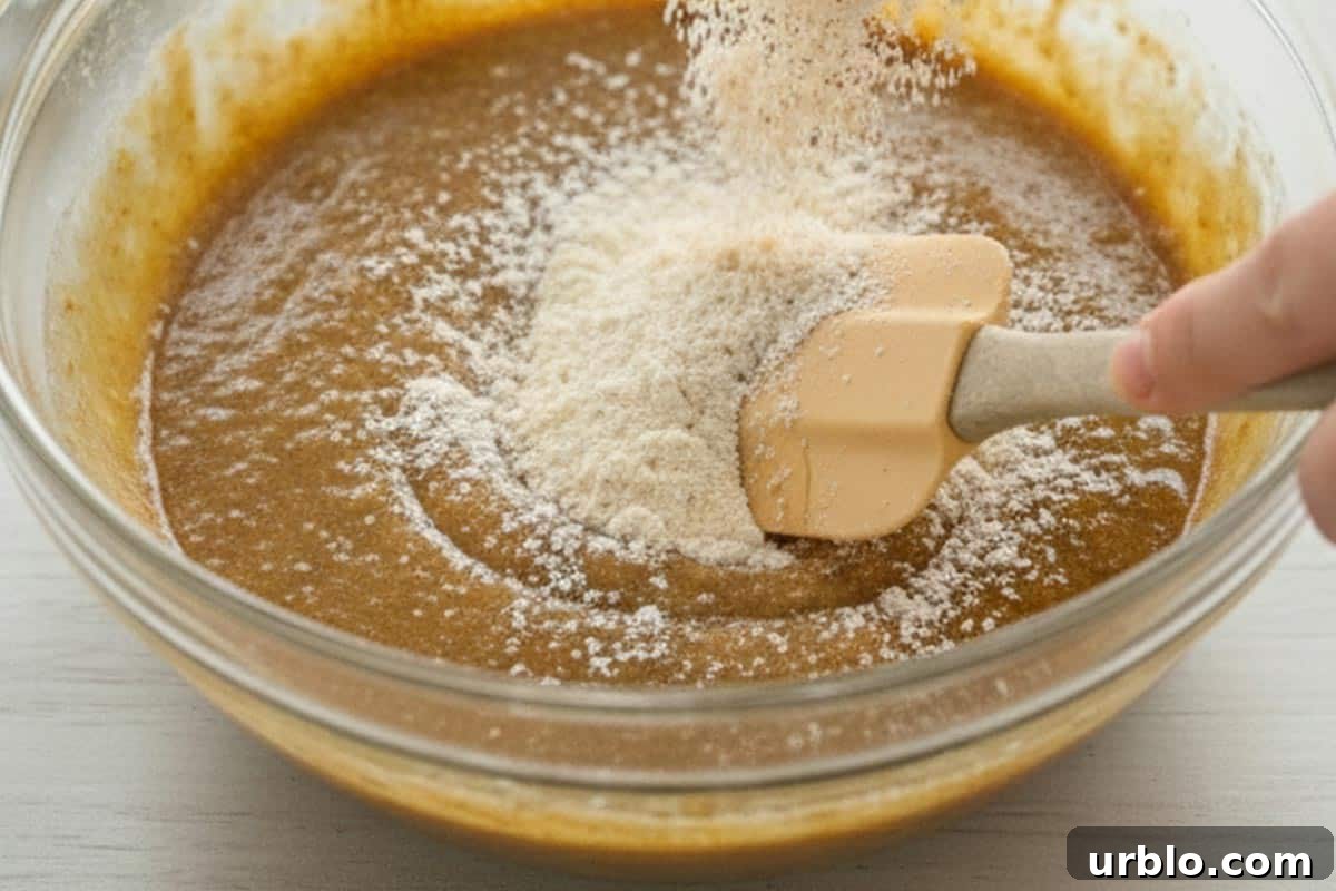Combining the dry ingredients to the wet mixture.