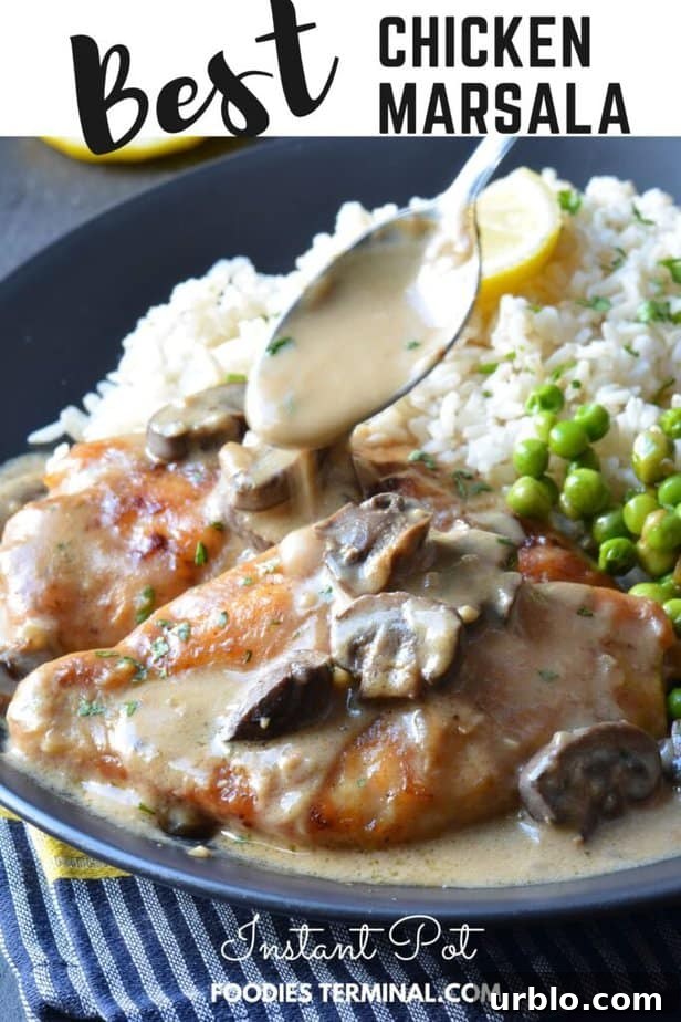 pouring creamy marsala sauce on chicken cutlet with a spoon
