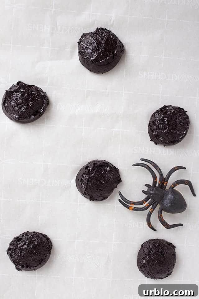 Whoopie pie batter Whoopie pie batter scooped on baking sheet