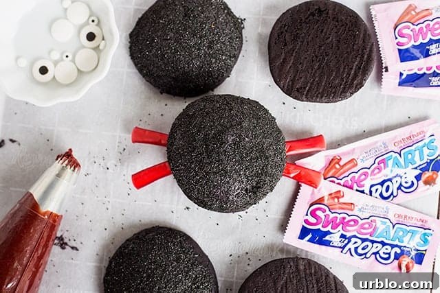 Assembled spiders Assembled spider whoopie pies with candy legs