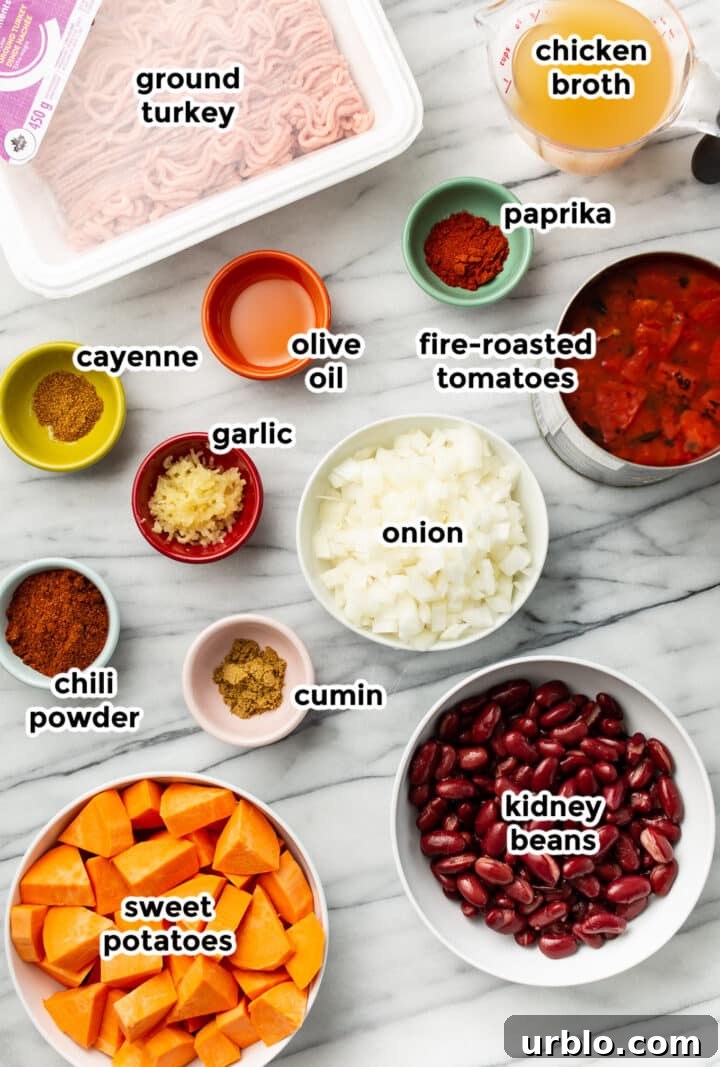 ingredients for turkey sweet potato chili in prep bowls