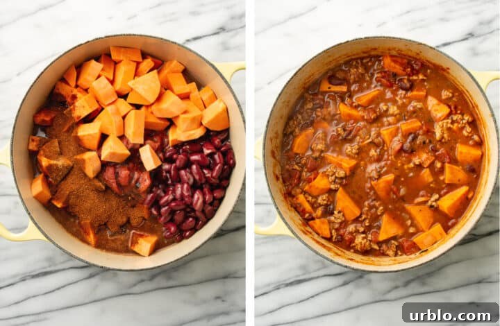 adding beans and sweet potatoes and seasoning to a soup pot with turkey chili