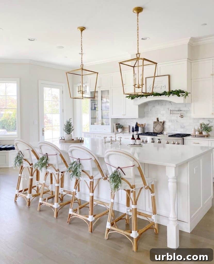 stools with christmas greenery on the back