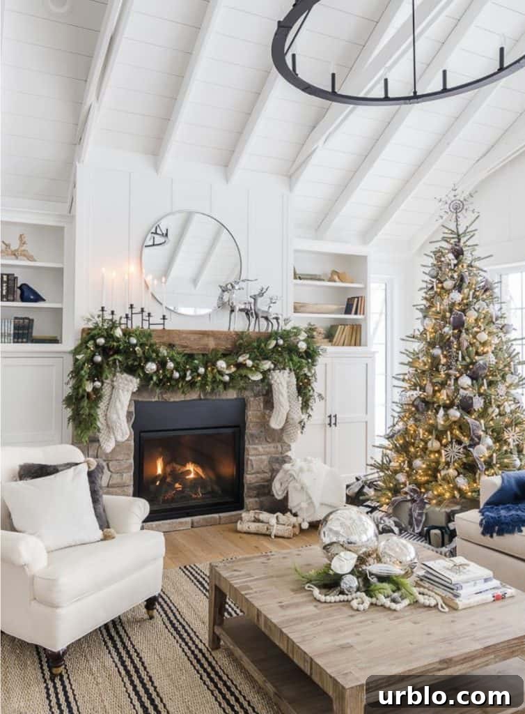 garland over fireplace with silver and gray