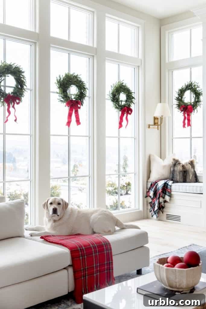 wreaths on interior windows with ribbon