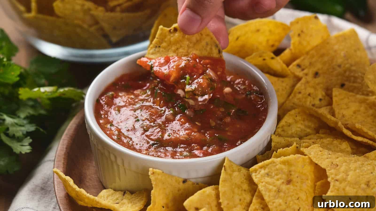 21 Crowd-Pleasing Potluck Recipes That Outshine Store-Bought Dishes 12 A hand dips a tortilla chip into a bowl of salsa ranchera, surrounded by more tortilla chips.