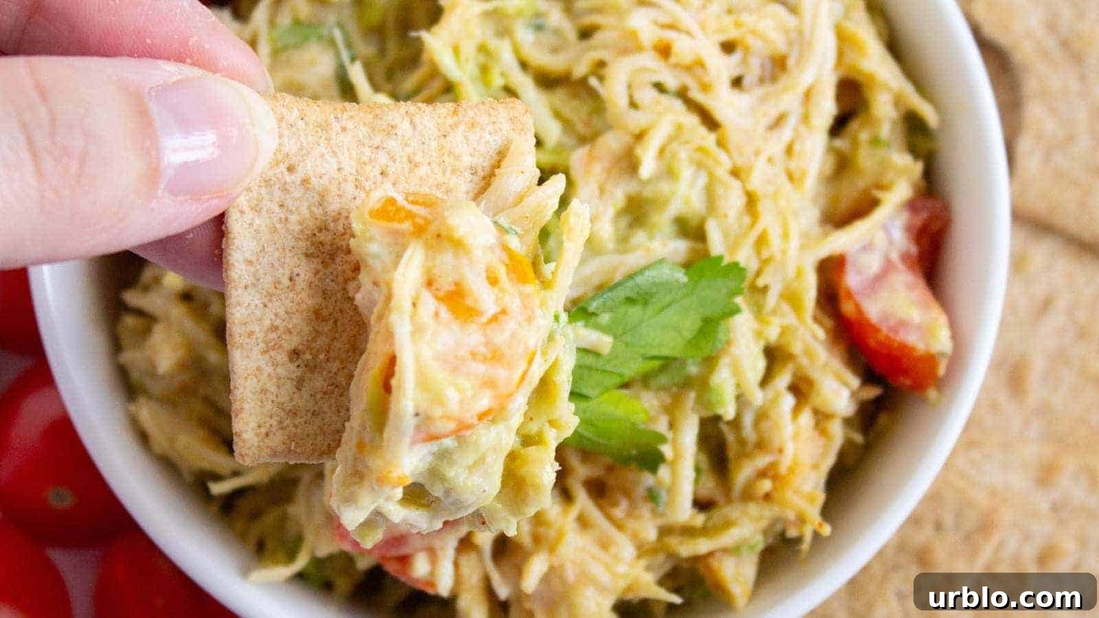 21 Crowd-Pleasing Potluck Recipes That Outshine Store-Bought Dishes 16 A hand holding a cracker topped with a healthy chicken salad, vegetables, and herbs.