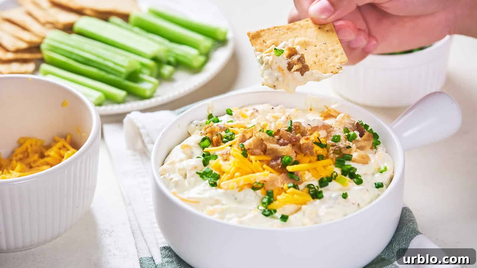 21 Crowd-Pleasing Potluck Recipes That Outshine Store-Bought Dishes 17 Bacon cheddar dip with shredded cheddar cheese, bacon bits, and chive garnish.