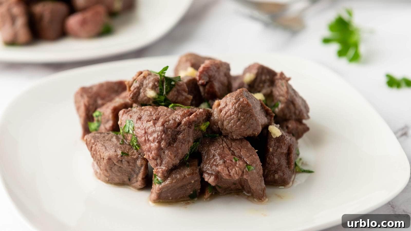 21 Crowd-Pleasing Potluck Recipes That Outshine Store-Bought Dishes 19 A white plate with cooked steak bites garnished with chopped herbs.