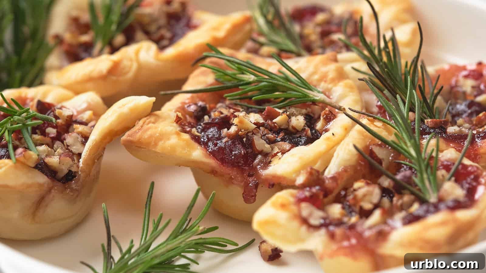 21 Crowd-Pleasing Potluck Recipes That Outshine Store-Bought Dishes 4 Brie bites filled with jam and chopped nuts, topped with rosemary sprigs, on a white plate.