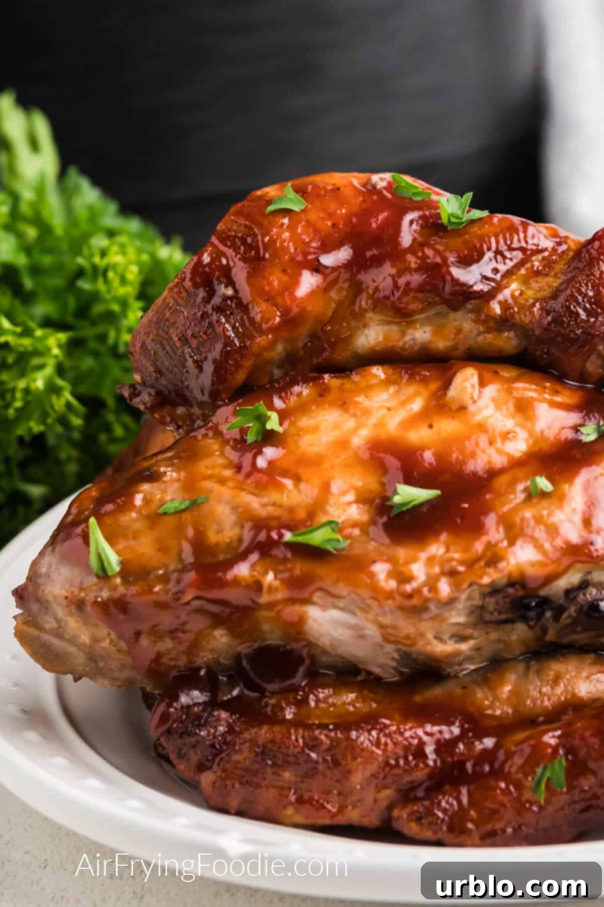 Close up photo of bbq ribs reheated in the air fryer.