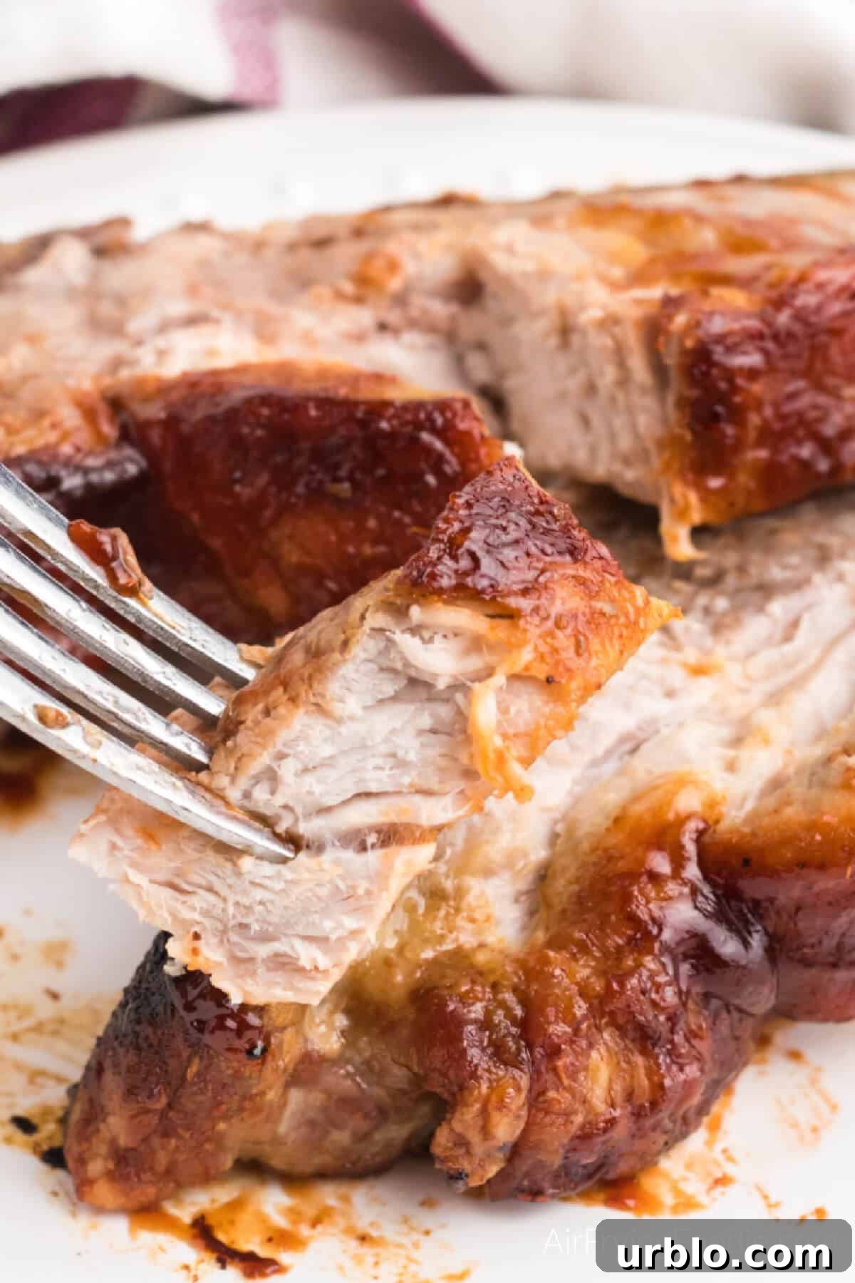 Bite shot of ribs on a plate that were reheated in the air fryer.