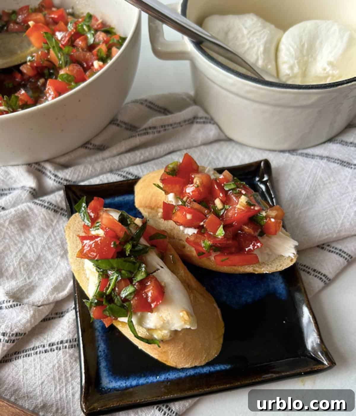Creamy Burrata Toasts topped with bruschetta.