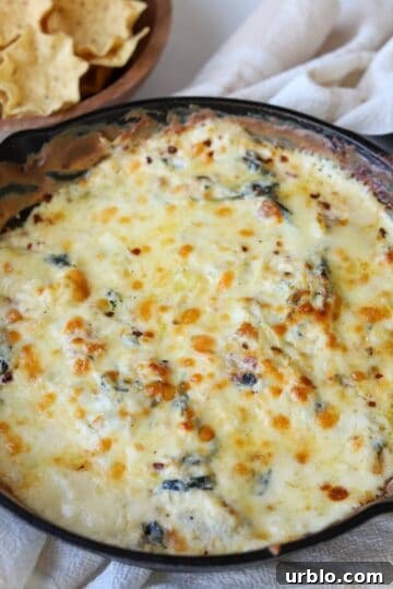 Spinach artichoke dip with no mayo in skillet.