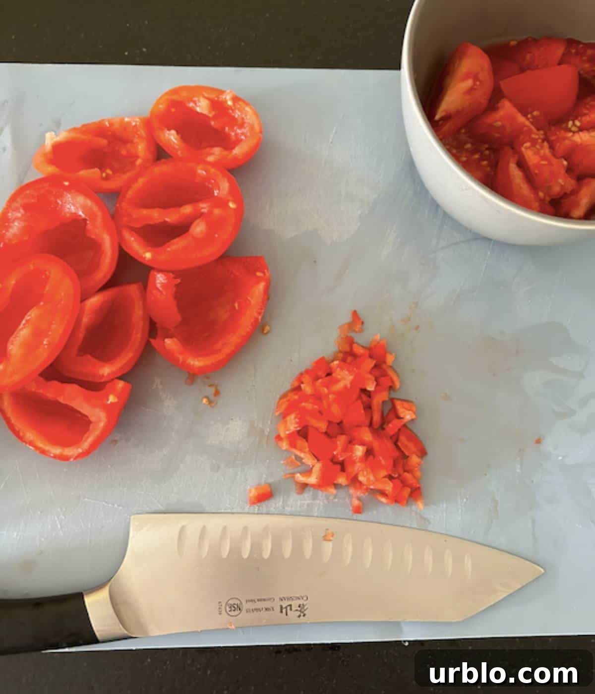 Tomatoes with seeds removed then diced.