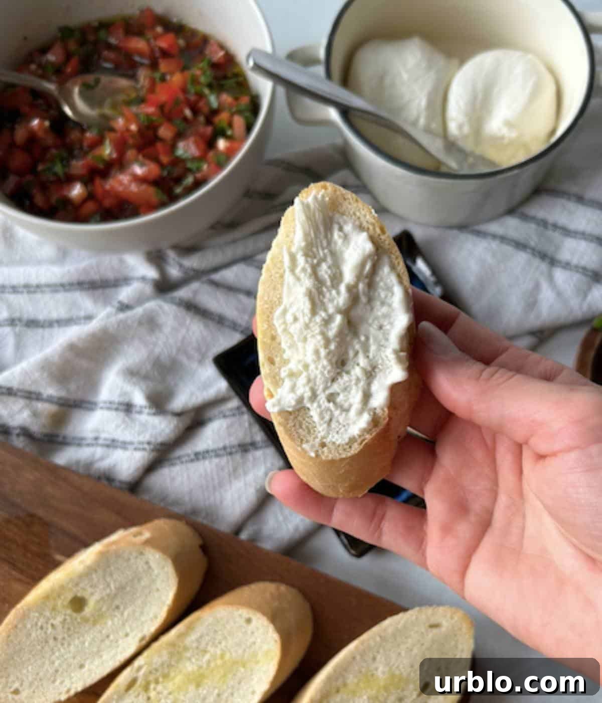 Hand holding piece of toasted french bread with creamy burrata spread onto it.