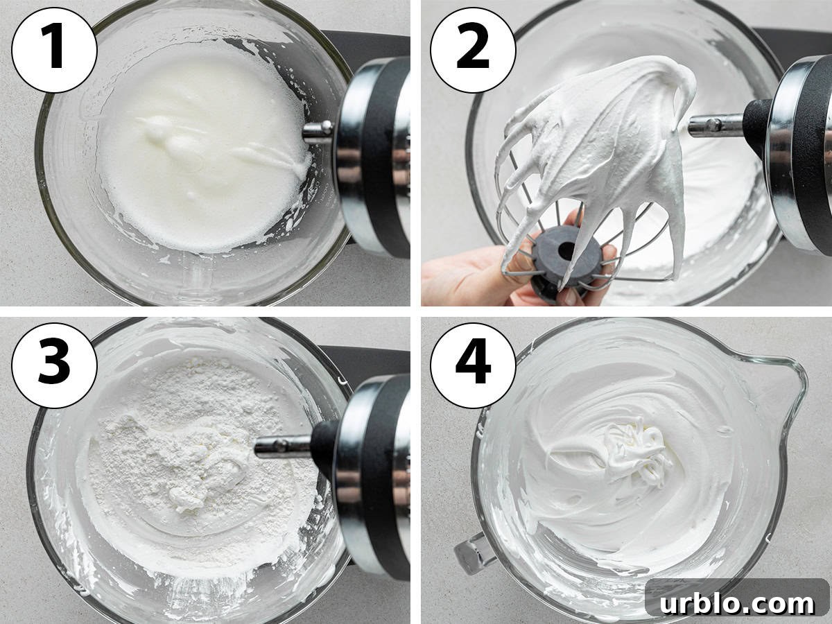 Process shot collage: whipping the egg whites and sugar, adding dry ingredients and whipping to stiff peaks.