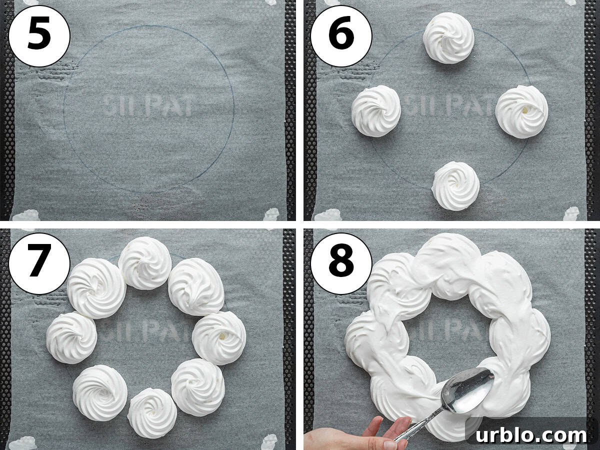 Piping 8 dollops of meringue around a drawn circle on a sheet of baking paper to make a wreath.