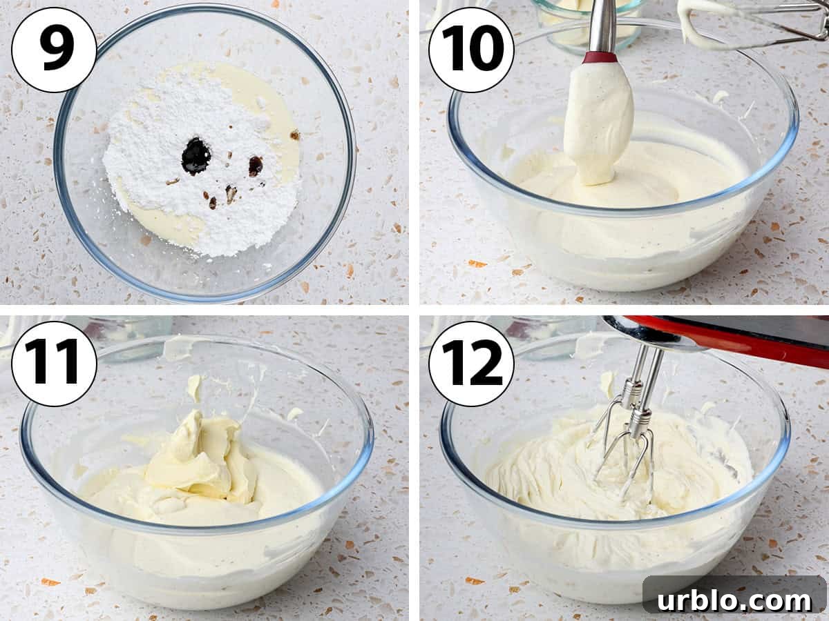 Process shot collage: making the mascarpone whipped cream in a bowl with a hand mixer.
