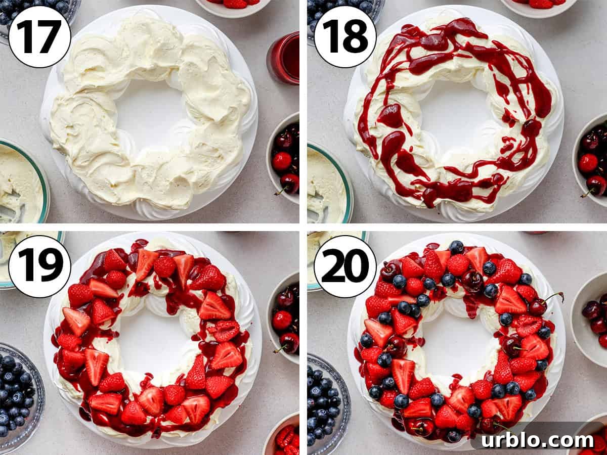 Process shot collage: assembling the pavlova with a layer of whipped cream, drizzle of coulis then assorted fresh fruits.