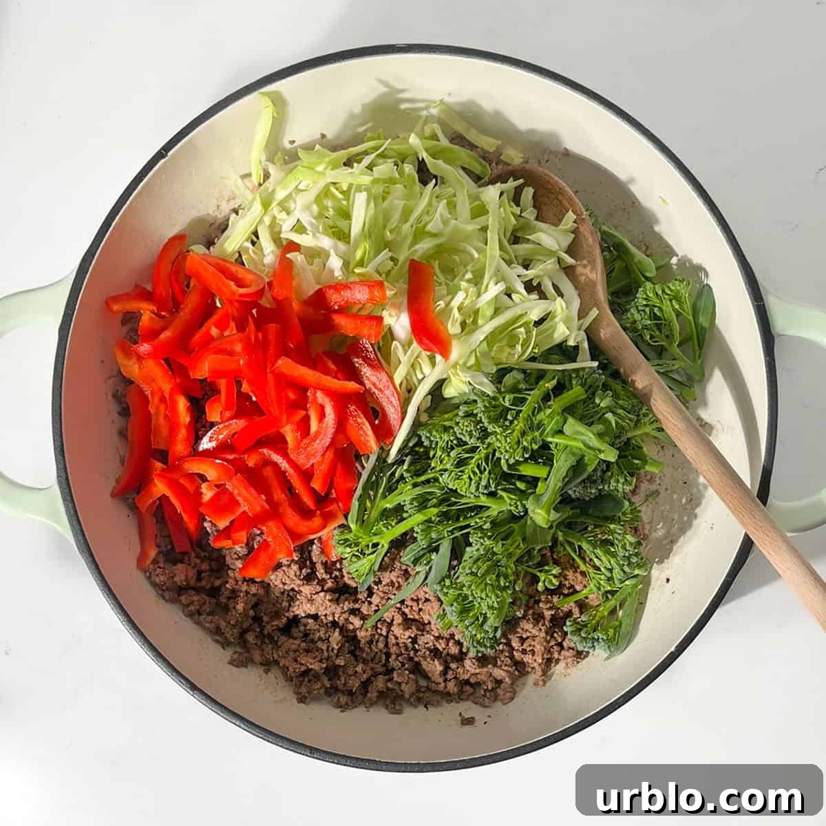 Adding the veg to the beef for the beef teriyaki bowls.