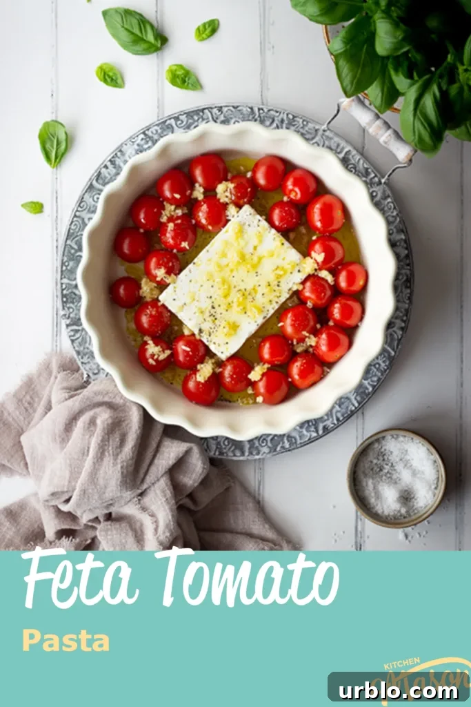 Unbaked feta tomato pasta sauce ingredients in a dish.