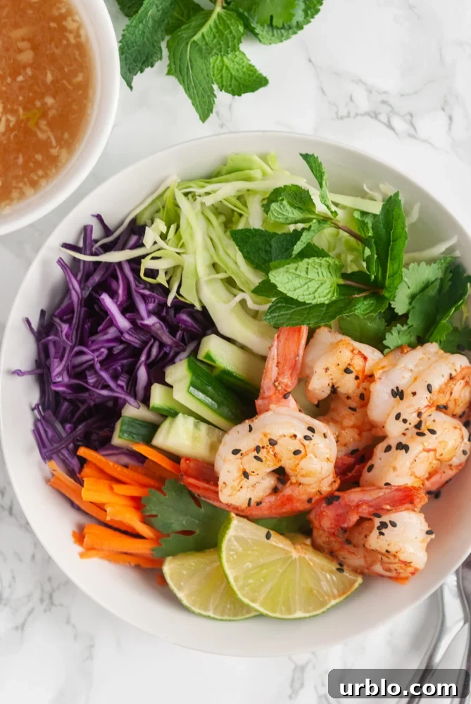 A top down view of a bowl of Vietnamese shrimp salad.