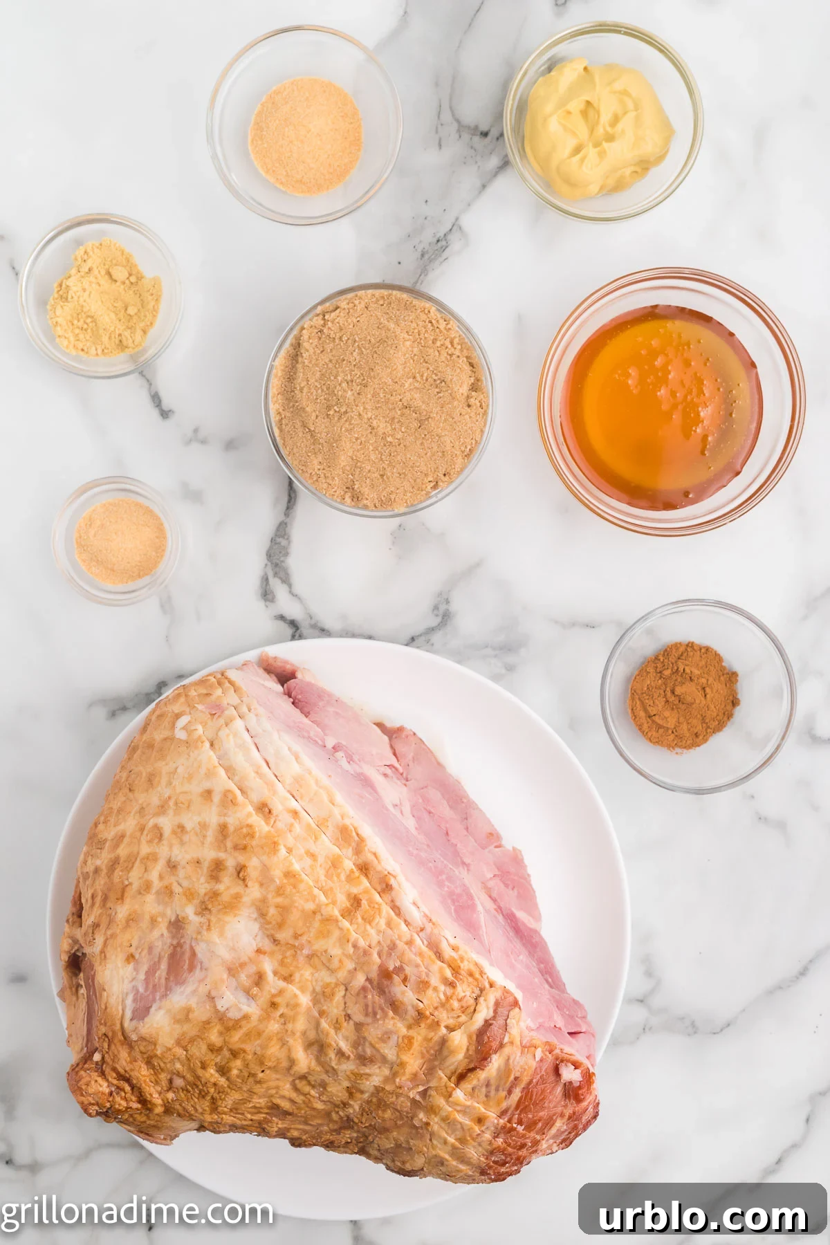 Ingredients needed - spiral cut ham, dijon mustard, garlic powder, brown sugar, honey, cinnamon, mustard, garlic powder