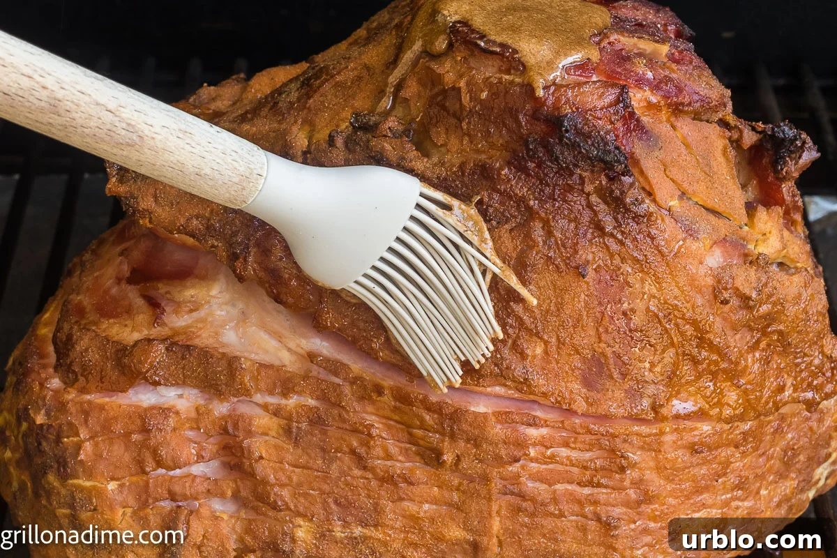 Basting the ham with the glaze while in the smoker