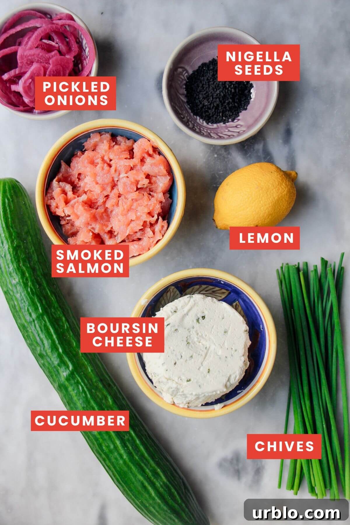 Ingredients for smoked salmon bites laid out and labelled.
