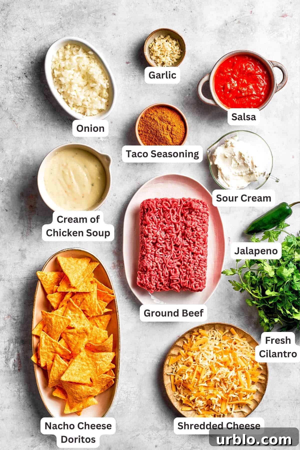 Ingredients for doritos casserole are text-labeled.