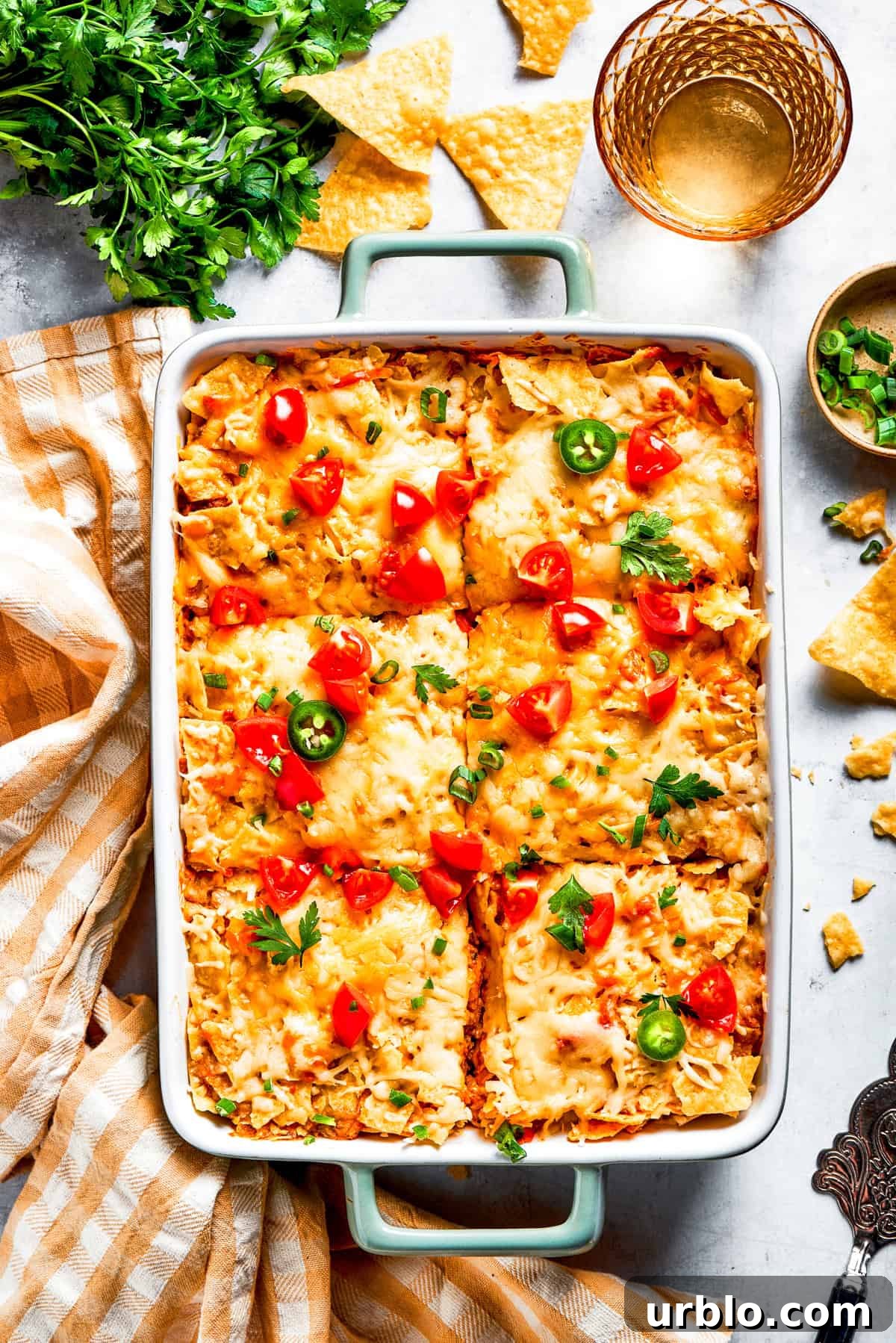 Dorito casserole in a dish, cut up into 6 slices.