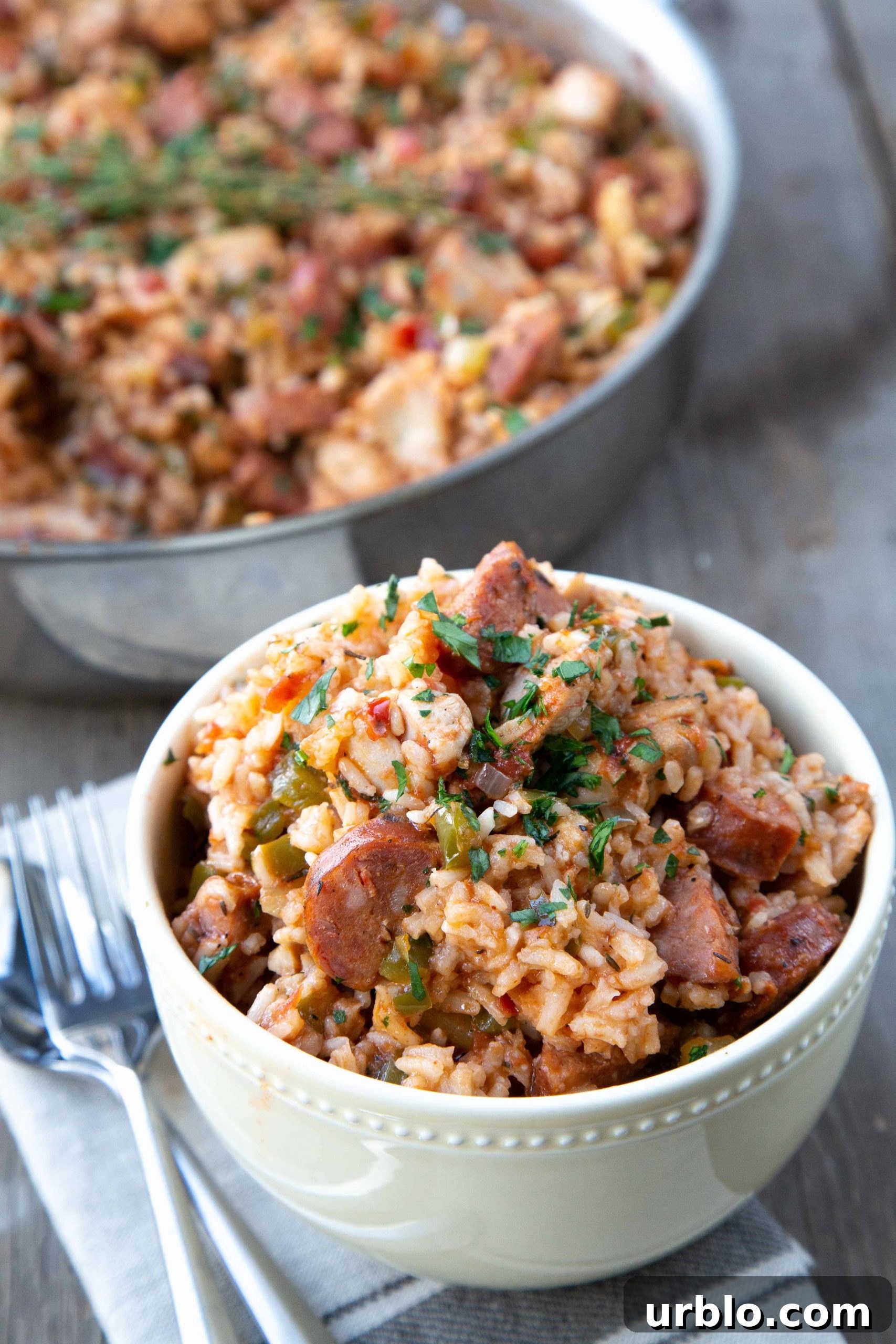 Quick Weeknight Jambalaya in a yellow bowl with a pan of jambalaya in the background.