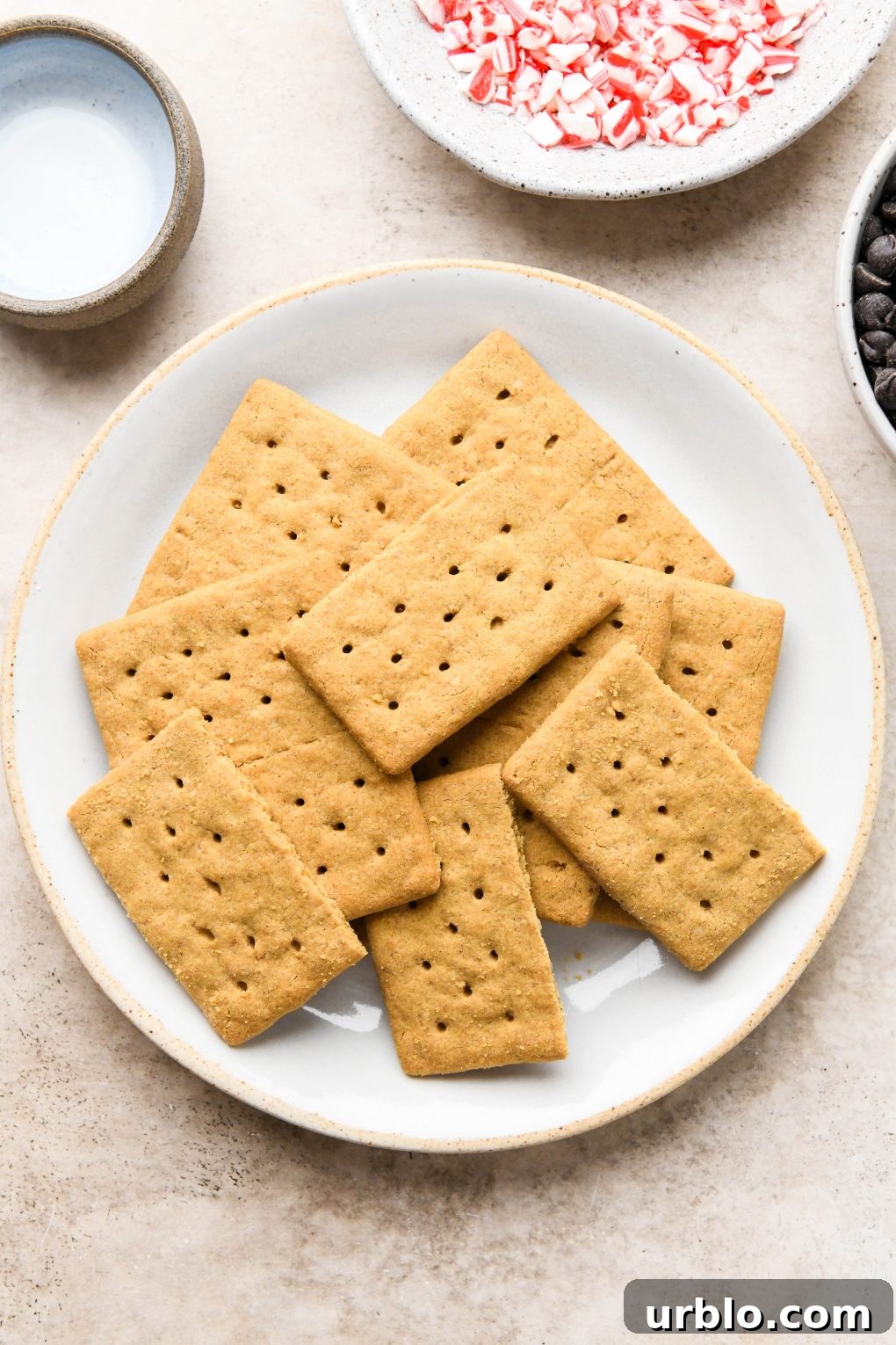 Ingredients images for chocolate peppermint covered graham crackers: Plate of graham crackers.