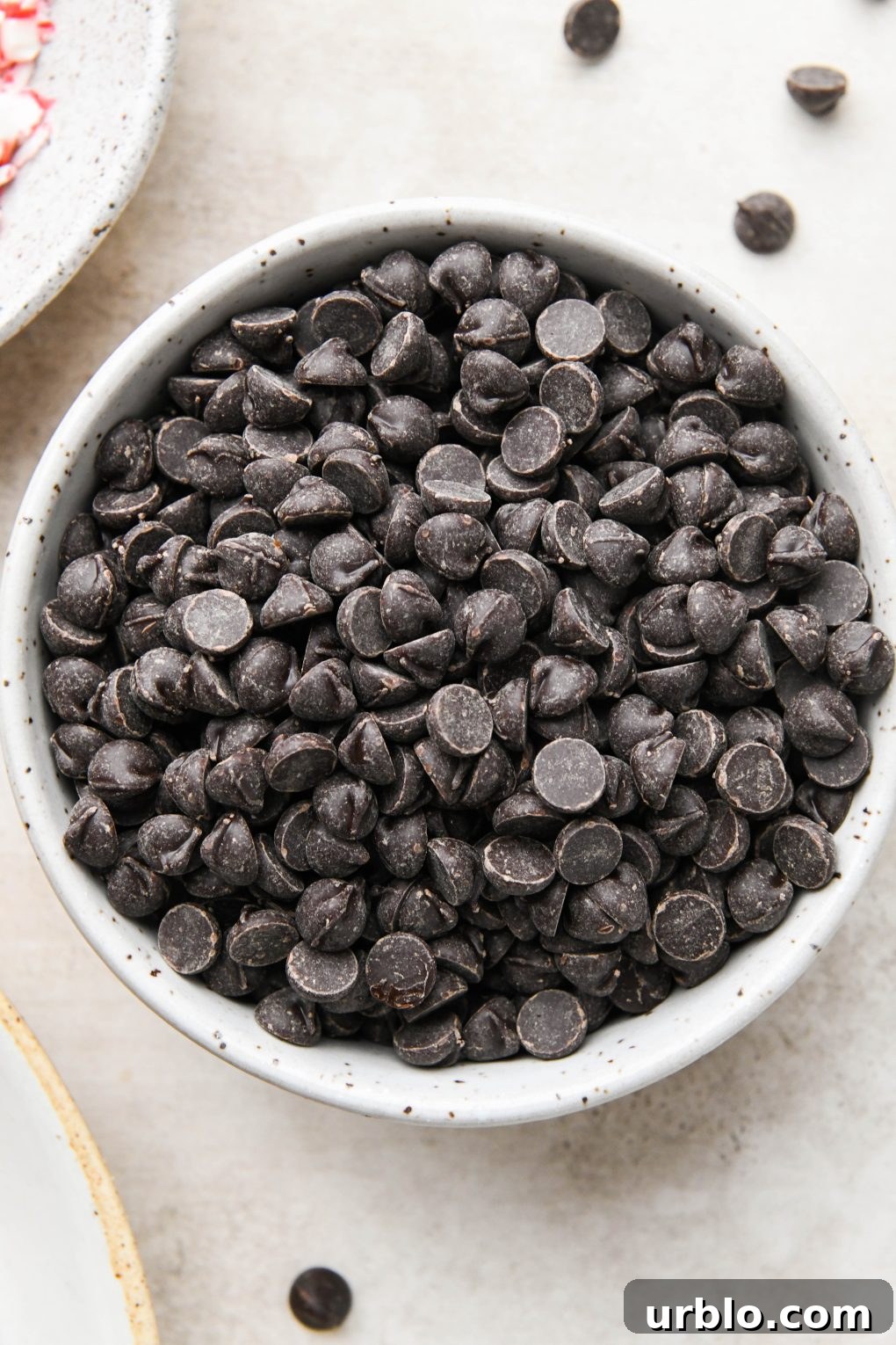 Ingredients images for chocolate peppermint covered graham crackers: Small bowl of dark chocolate chips.