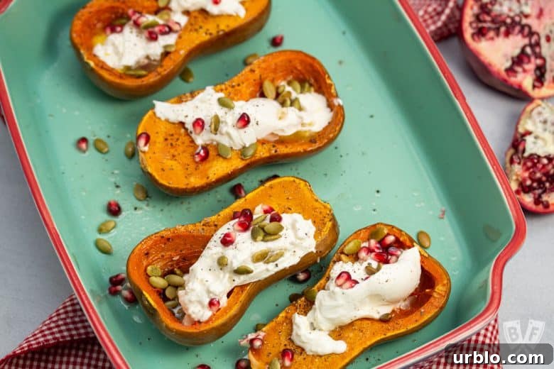 Roasted Honeynut Squash with Burrata, Pomegranate + Pepitas in a baking dish