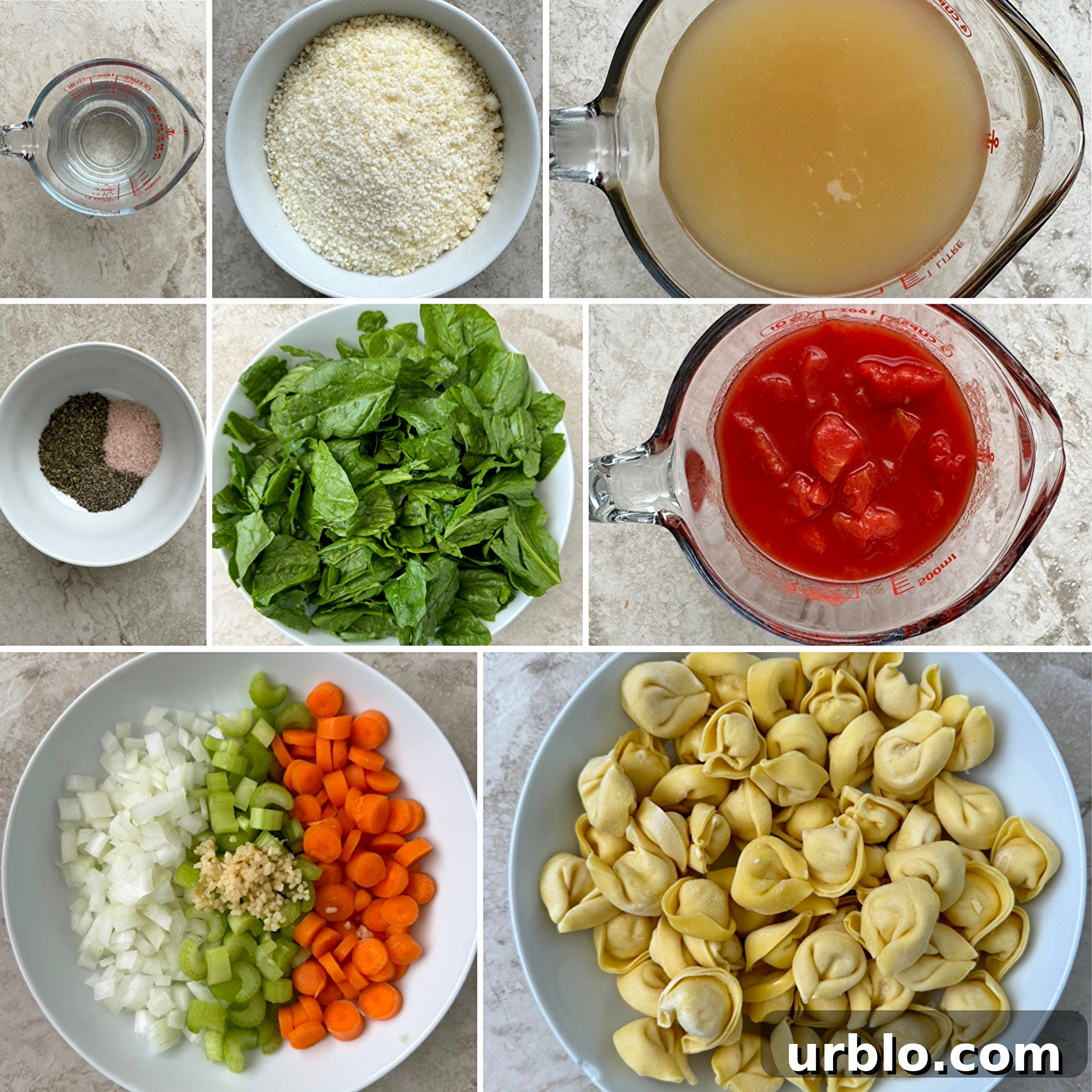 collage of ingredients for slow cooker vegetable tortellini soup