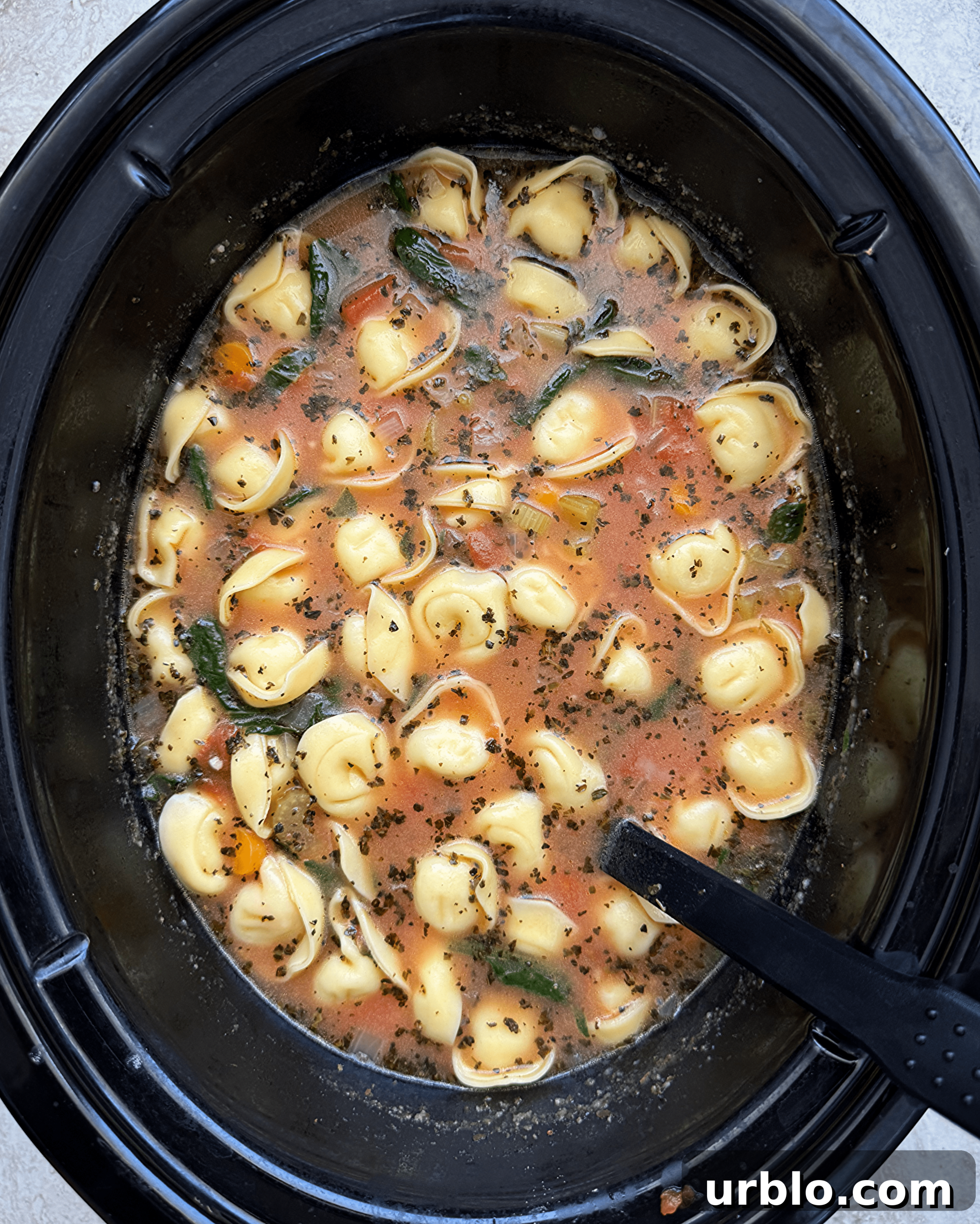 overhead shot of vegetable tortellini soup in a black slow cooker with a black spoon