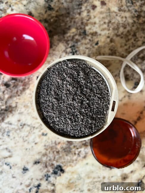 Poppy seeds after grinding but still in coffee grinder.