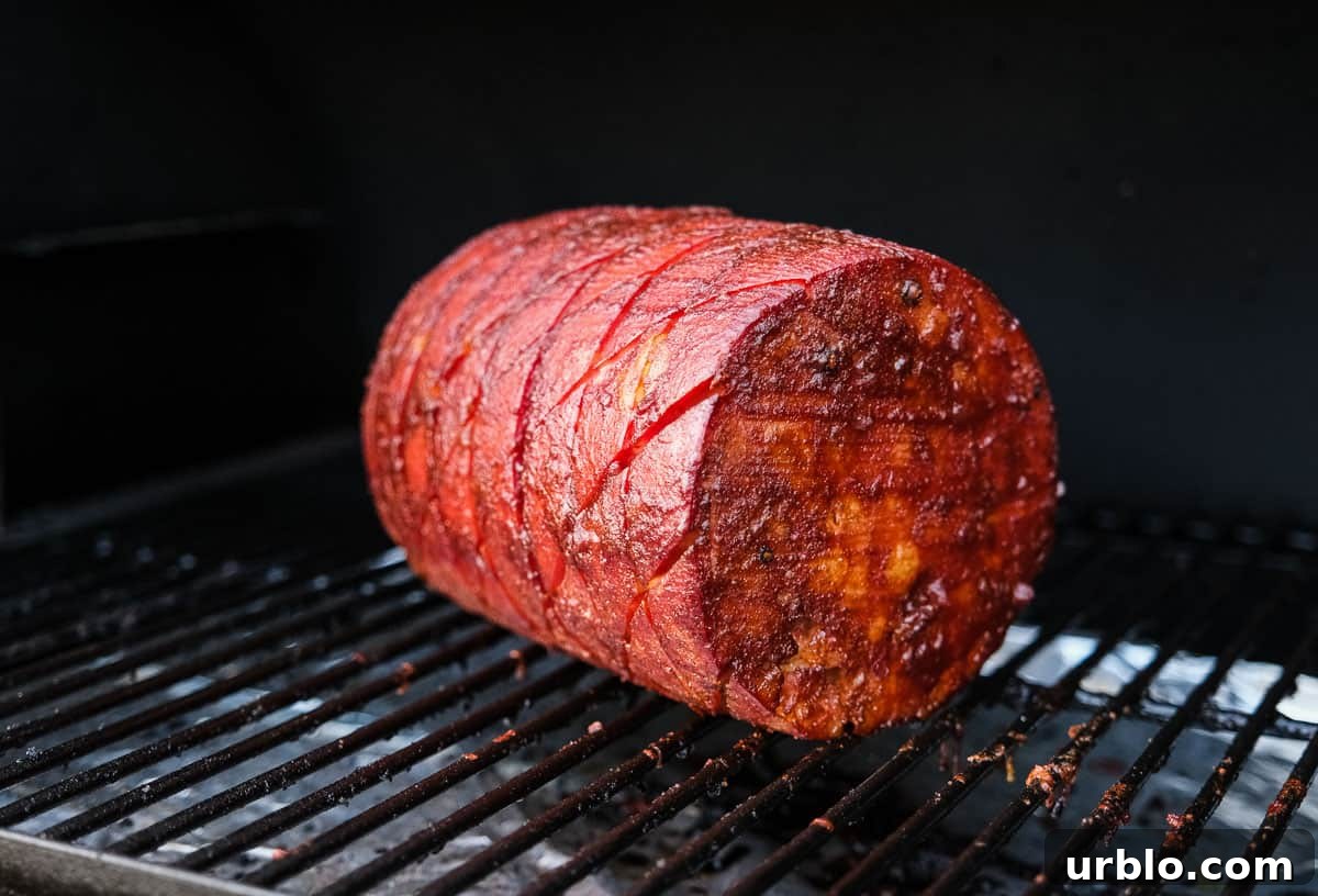 A whole Mortadella smoking on a pellet grill
