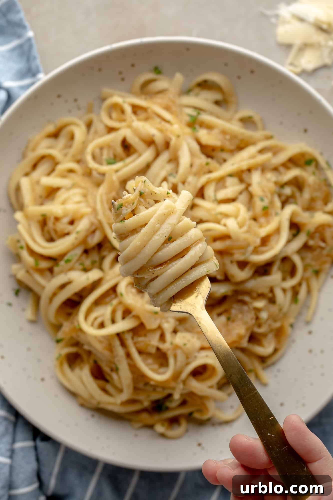 close up on a fork holding a bite of vegan caramelized onion pasta above a bowl with more pasta.