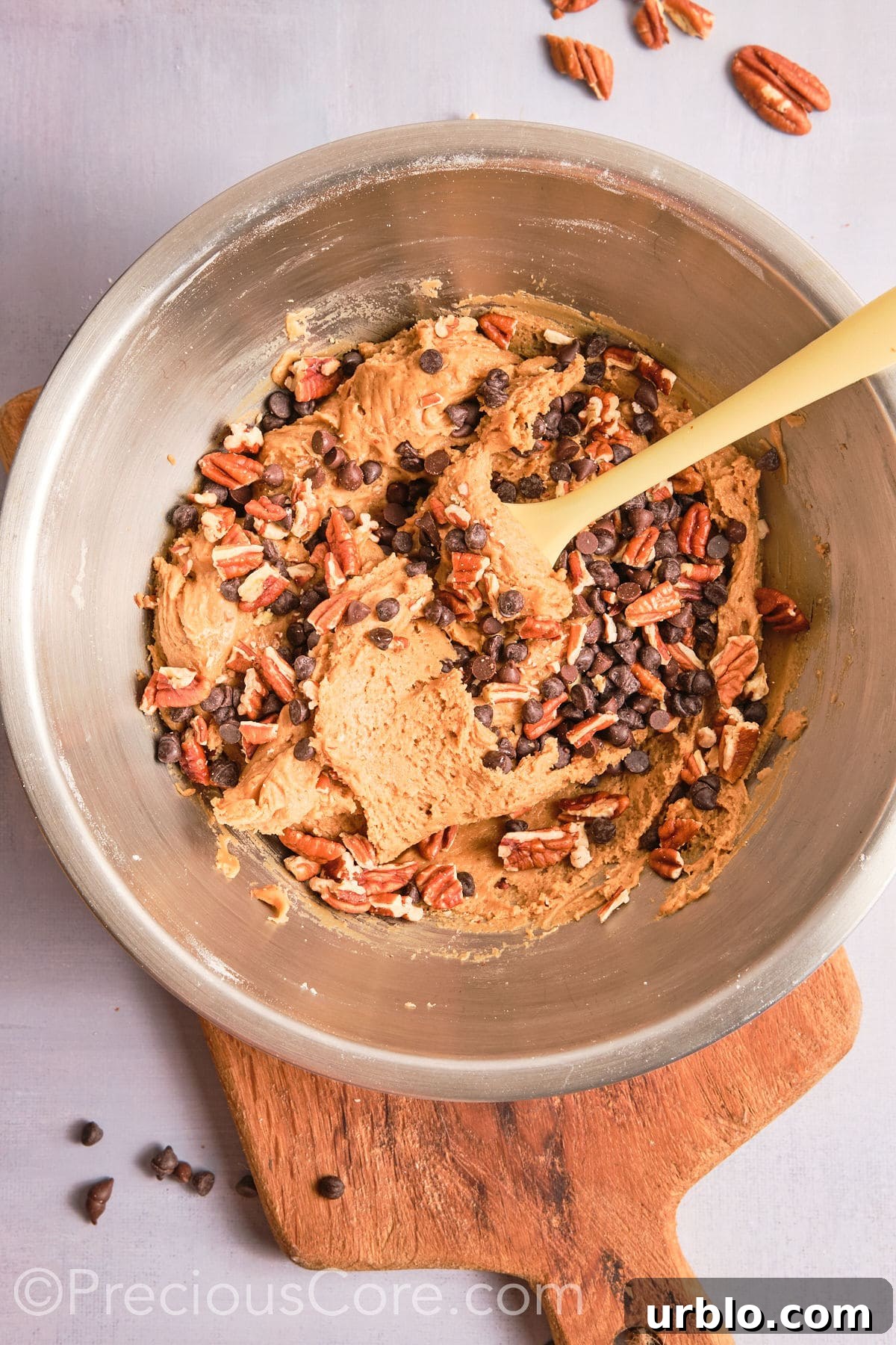 Chopped pecans and dark chocolate chips added to the cookie dough.
