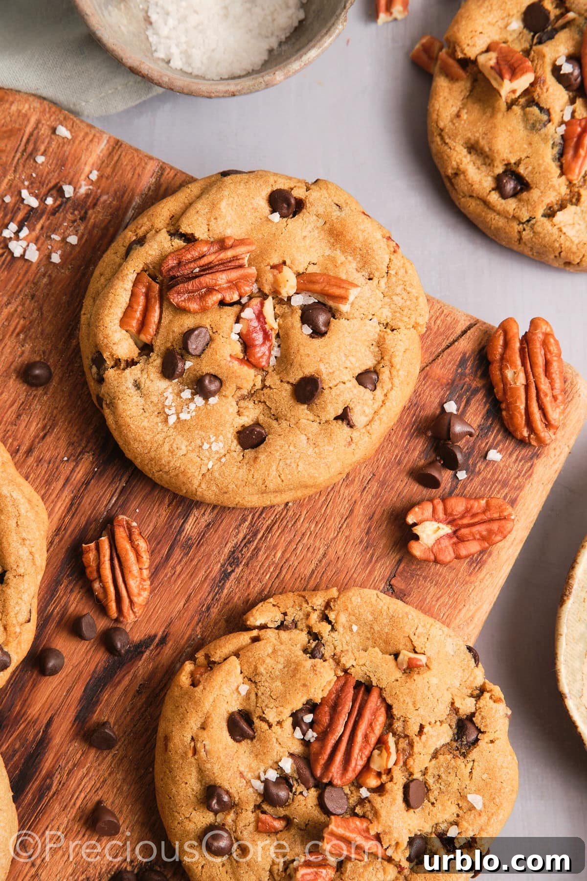 Brown butter pecan cookies sprinkled with flaky sea salt.