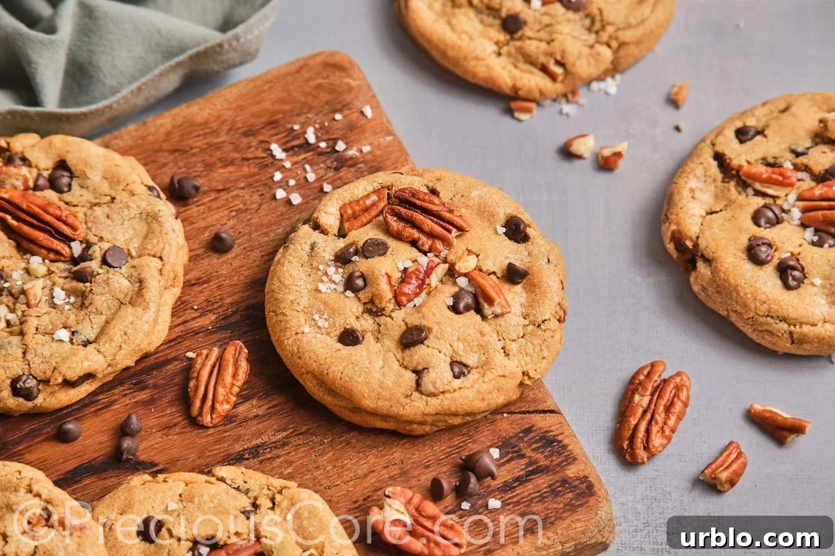 Pecan brown butter cookies topped with chocolate chips on a chopping board.