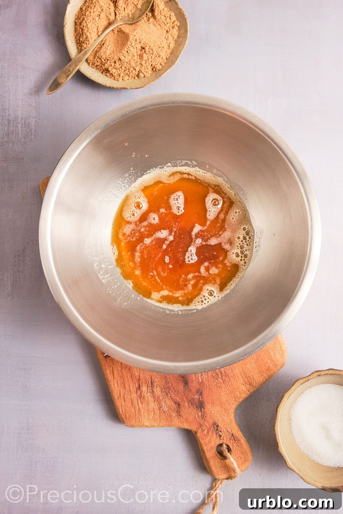 Brown butter in a large bowl, cooling down.