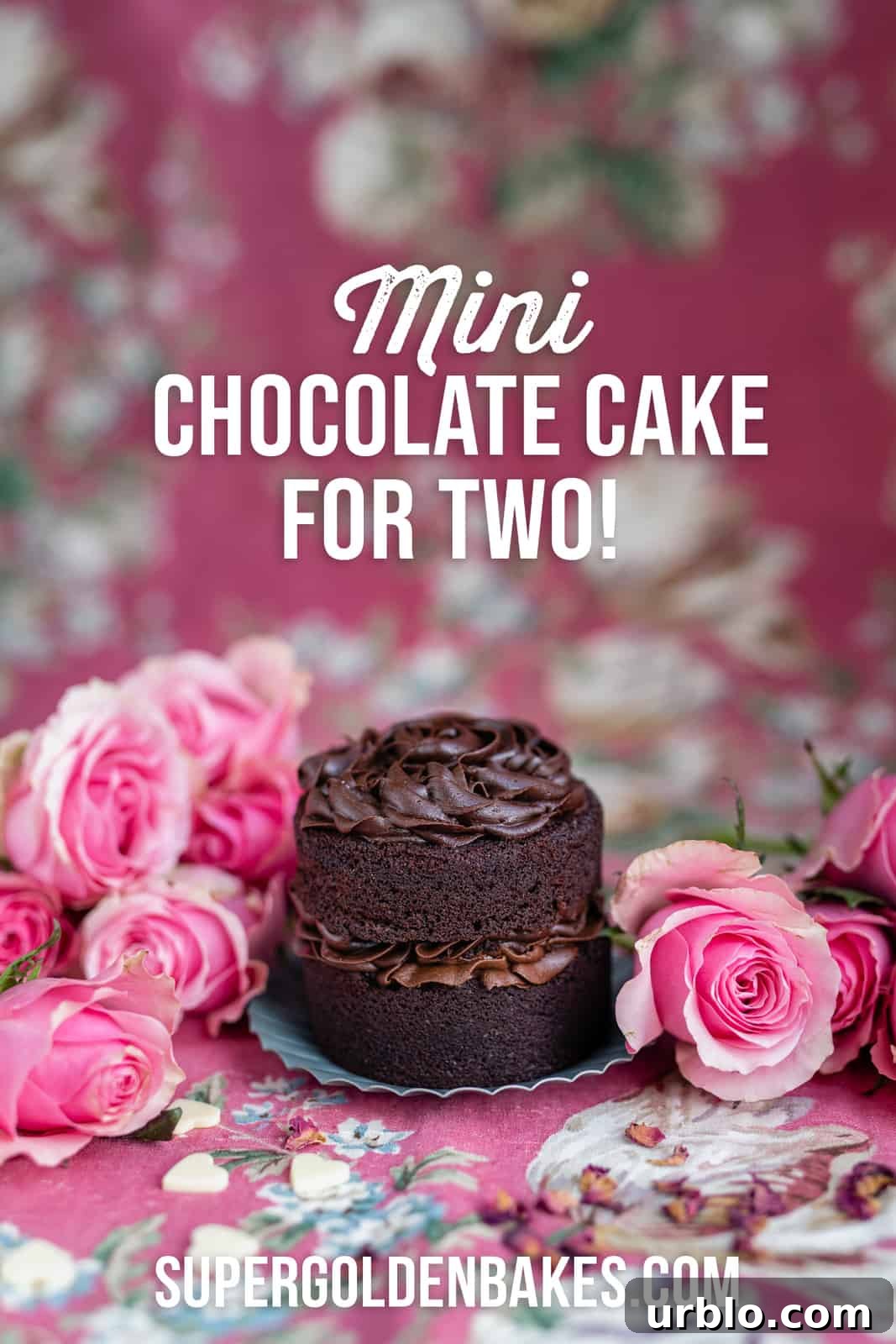 Mini chocolate layer cake on a floral background with pink roses