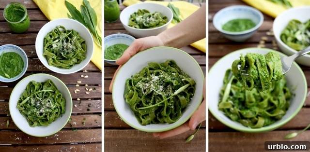 Easy Green Pesto Pasta Three Vertical Images Collage