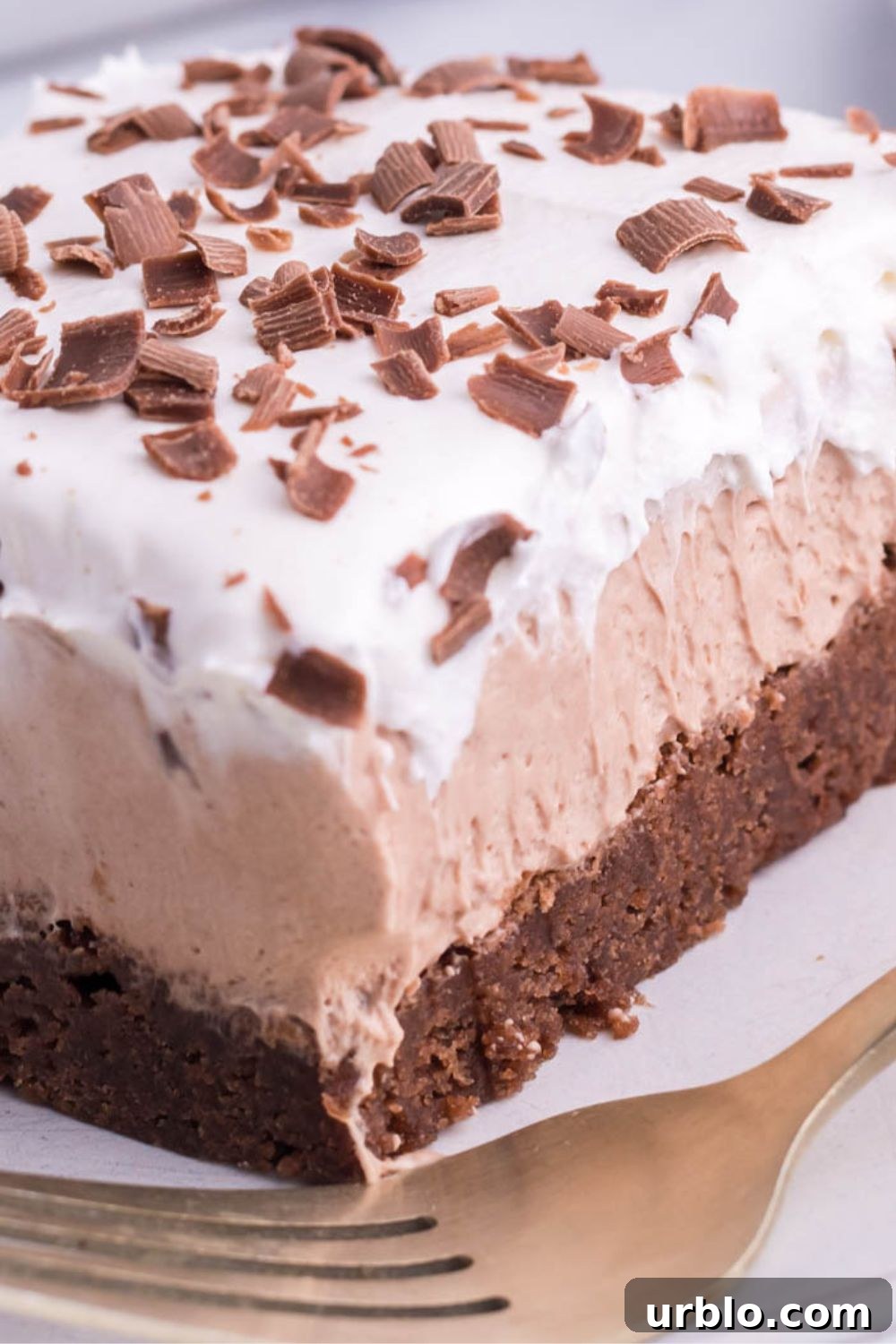 side view of brownie on plate with fork in front