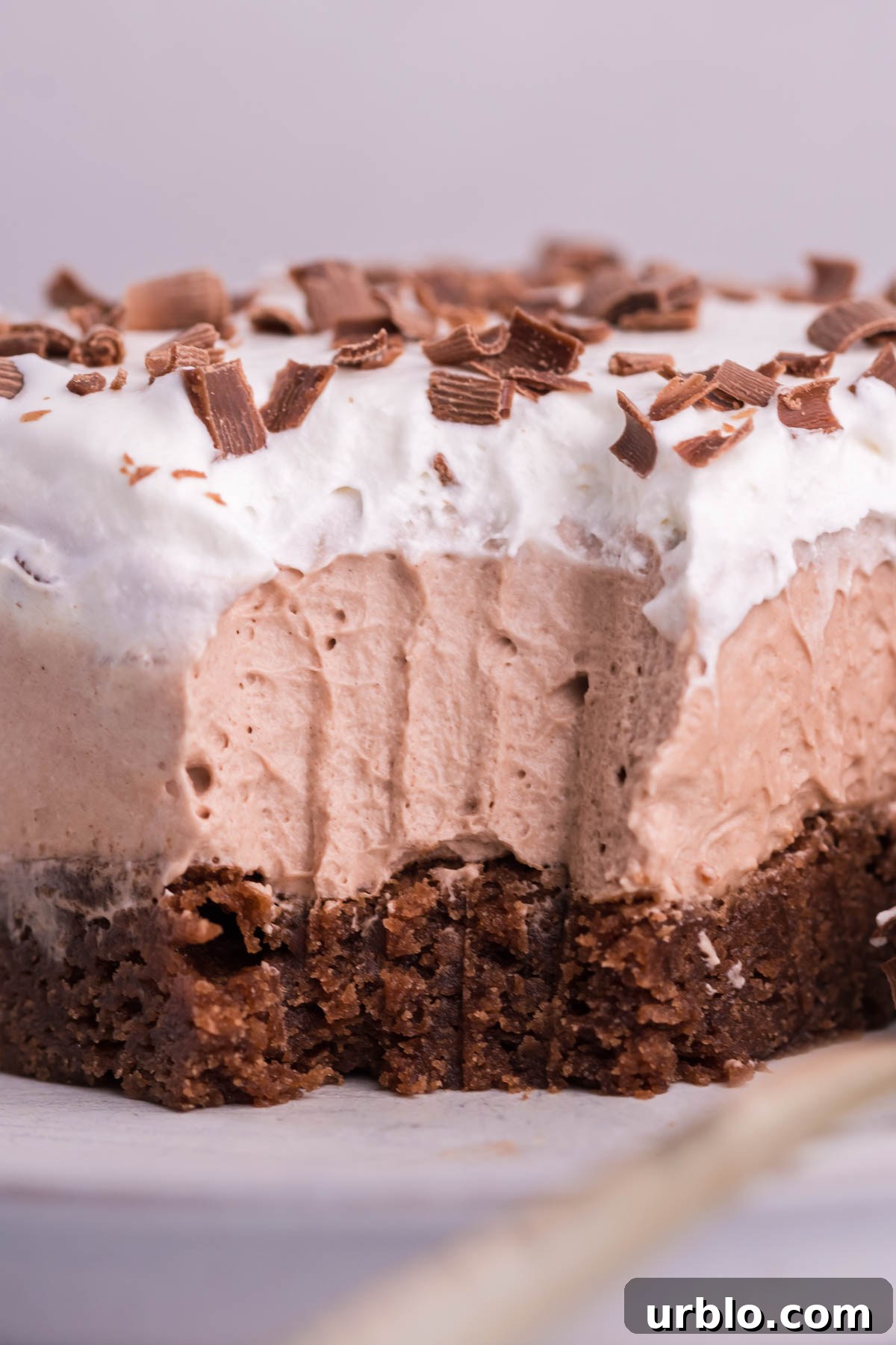 Up close shot of the French Silk Brownies with fork bite taken out on plate